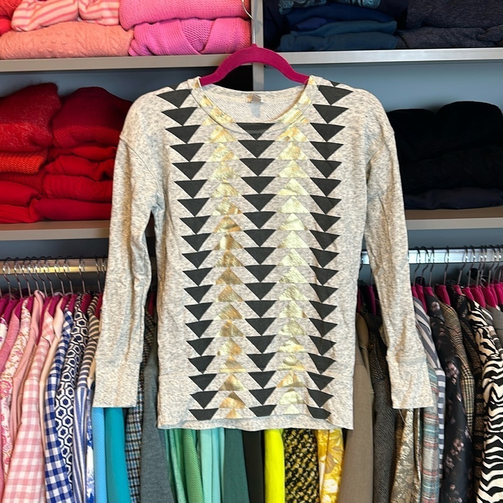 J Crew gray with gold and dark gray triangles long sleeve sweatshirt size XXS
